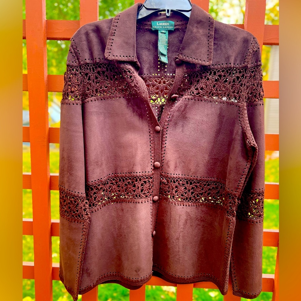 LAUREN RALPH LAUREN Brown Faux Suede crocheted jacket size medium